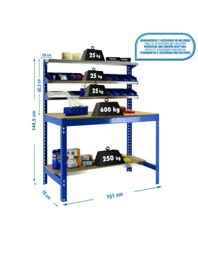 Etagère basse banc de travail SIMONWORK BT1 1500 BLEU/BOIS - 1445x1510x760 600Kg - SIMONRACK